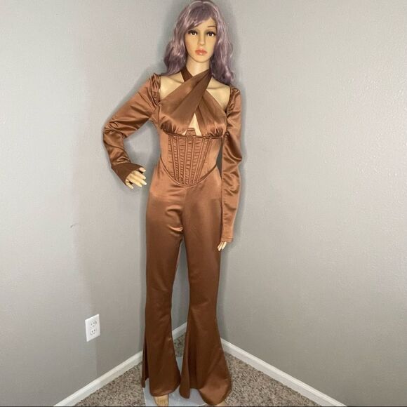NWT Pretty Little Thing Chocolate Satin Corset Detail Cross Bust Jumpsuit Size 4 - Picture 2 of 16